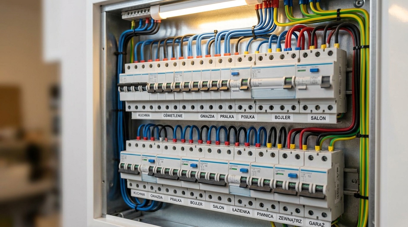 Nowoczesna rozdzielnica elektryczna z opisanymi obwodami i uporządkowanymi przewodami